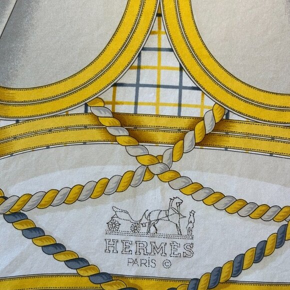 Vintage Hermes Grande Tenue Silk Scarf Blues and Golden Yellow - Picture 10 of 13